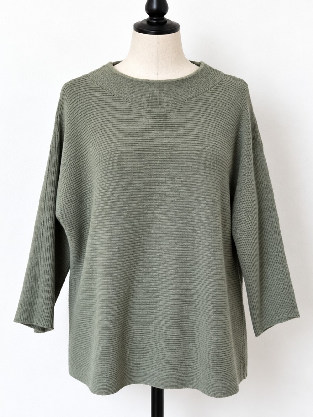 Lands' End XL 18 Olive Green Ribbed Knit Crewneck Sweater Oversized Pullover